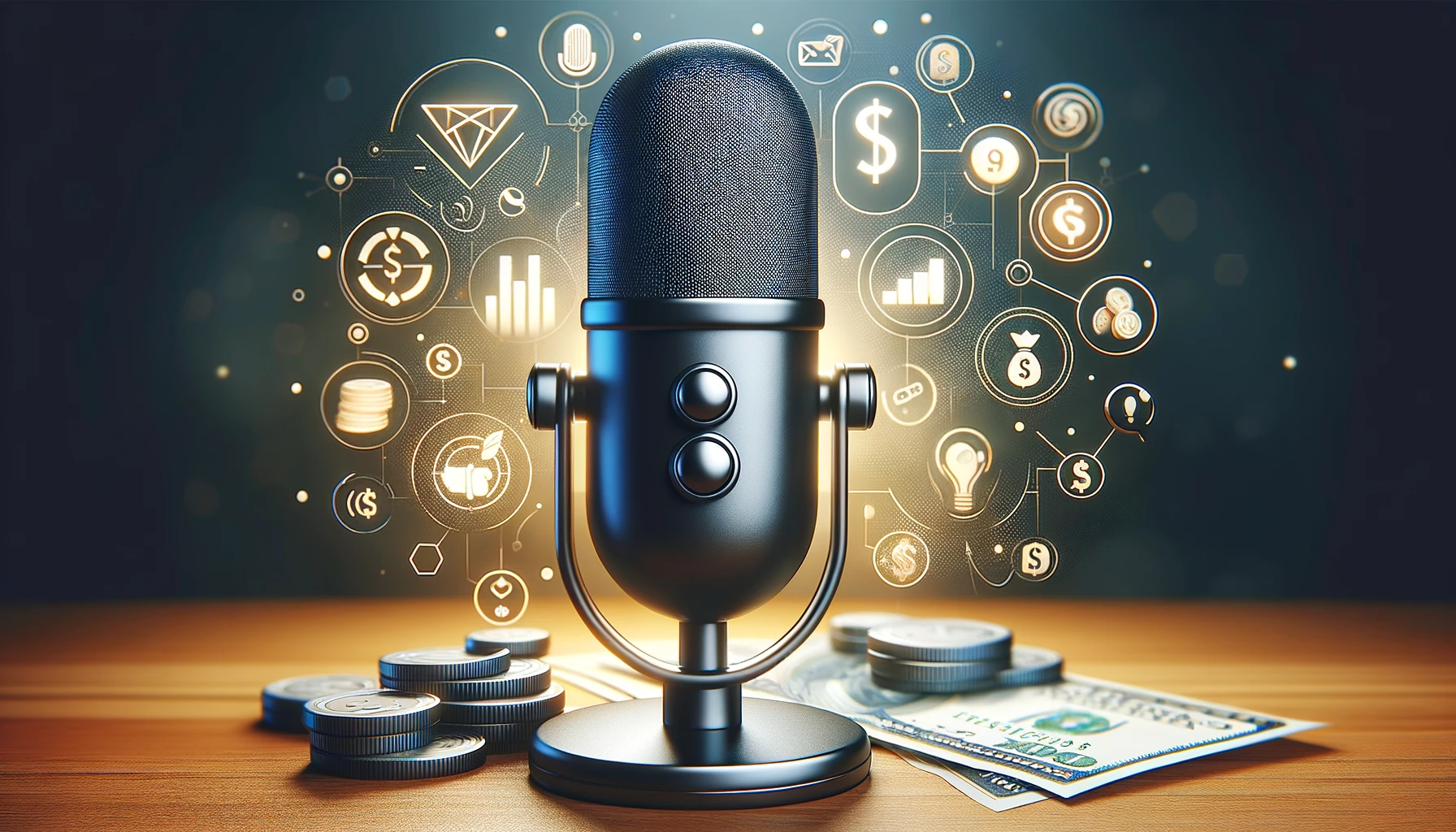 Podcast mikrofonu arka planda para ve dijital pazarlama simgeleri ile
