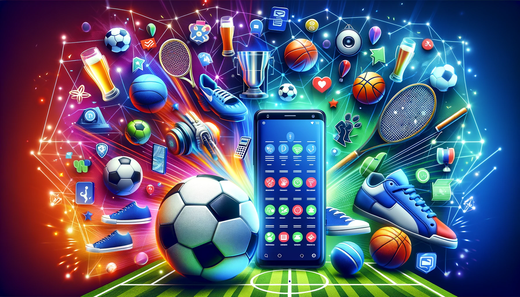 Çeşitli spor ikonları ve spor yayını uygulamaları gösteren akıllı telefonlar