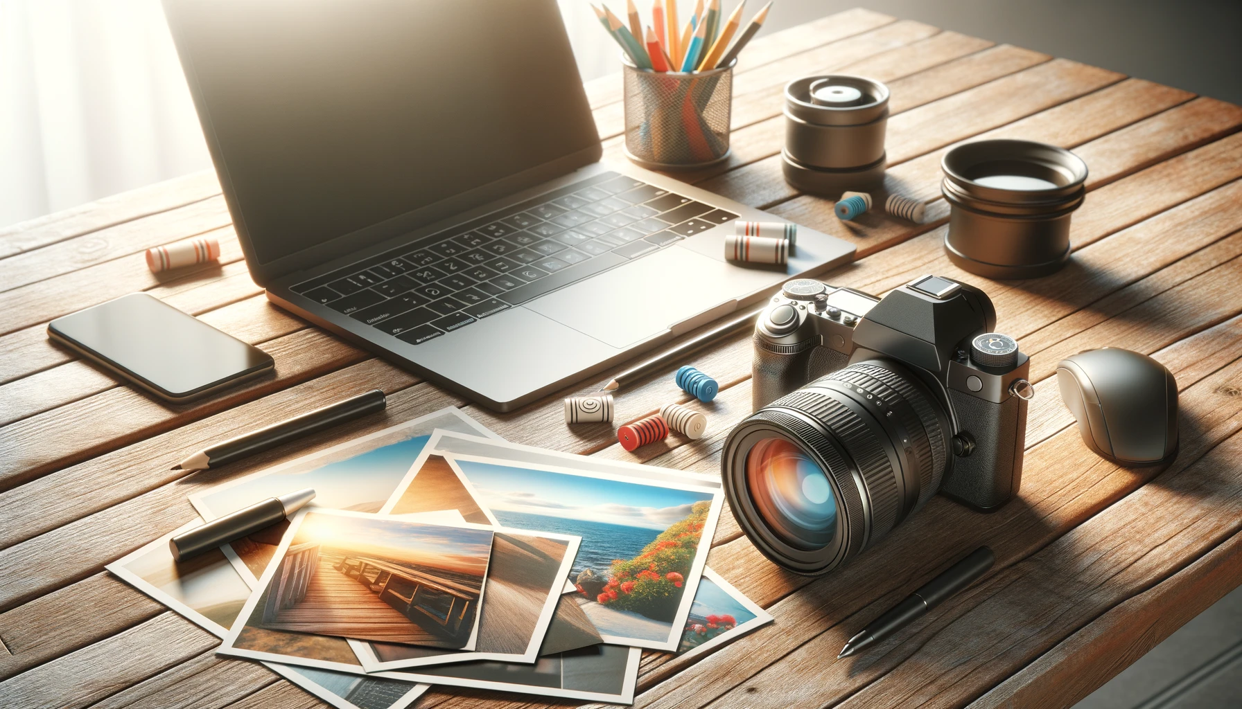 Kamera, dizüstü bilgisayar ve dağınık stok fotoğrafları