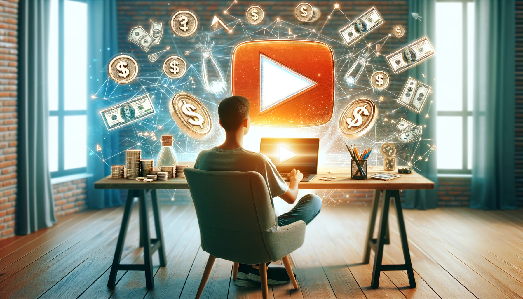 Bir laptop kullanan kişi, YouTube sembolleri ve pasif gelir grafikleriyle çevrili