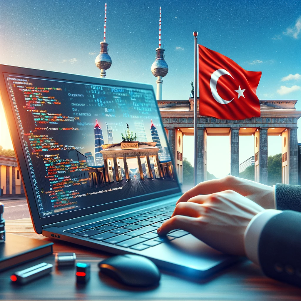 Almanya'nın IT sektöründe Türk profesyoneller için bir laptop ve Alman simgeleri