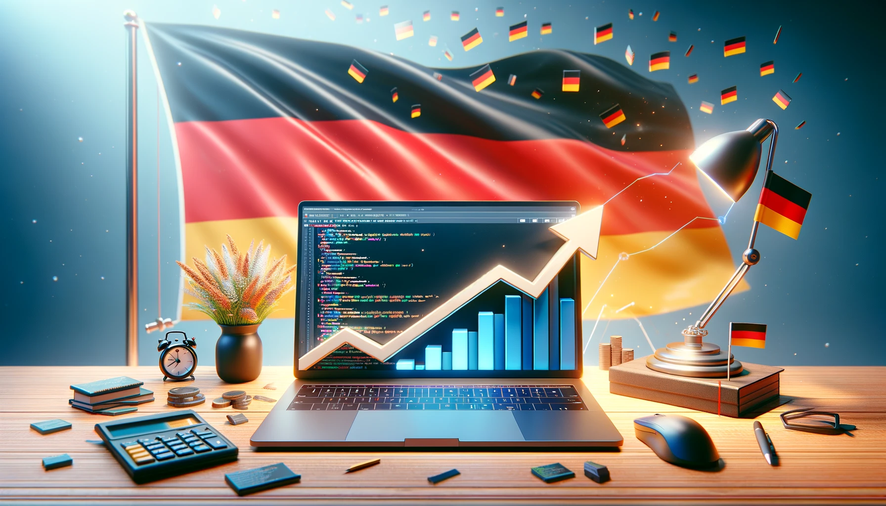 2024 Almanya IT sektörü için laptop ve yükselen grafik içeren blog görseli