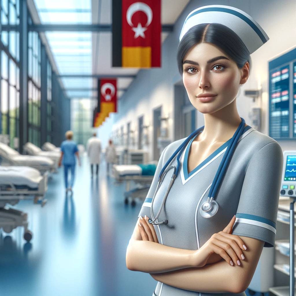 Alman hastanesinde Türk hemşire, mesleki güven ve kültürel entegrasyonu temsil ediyor.
