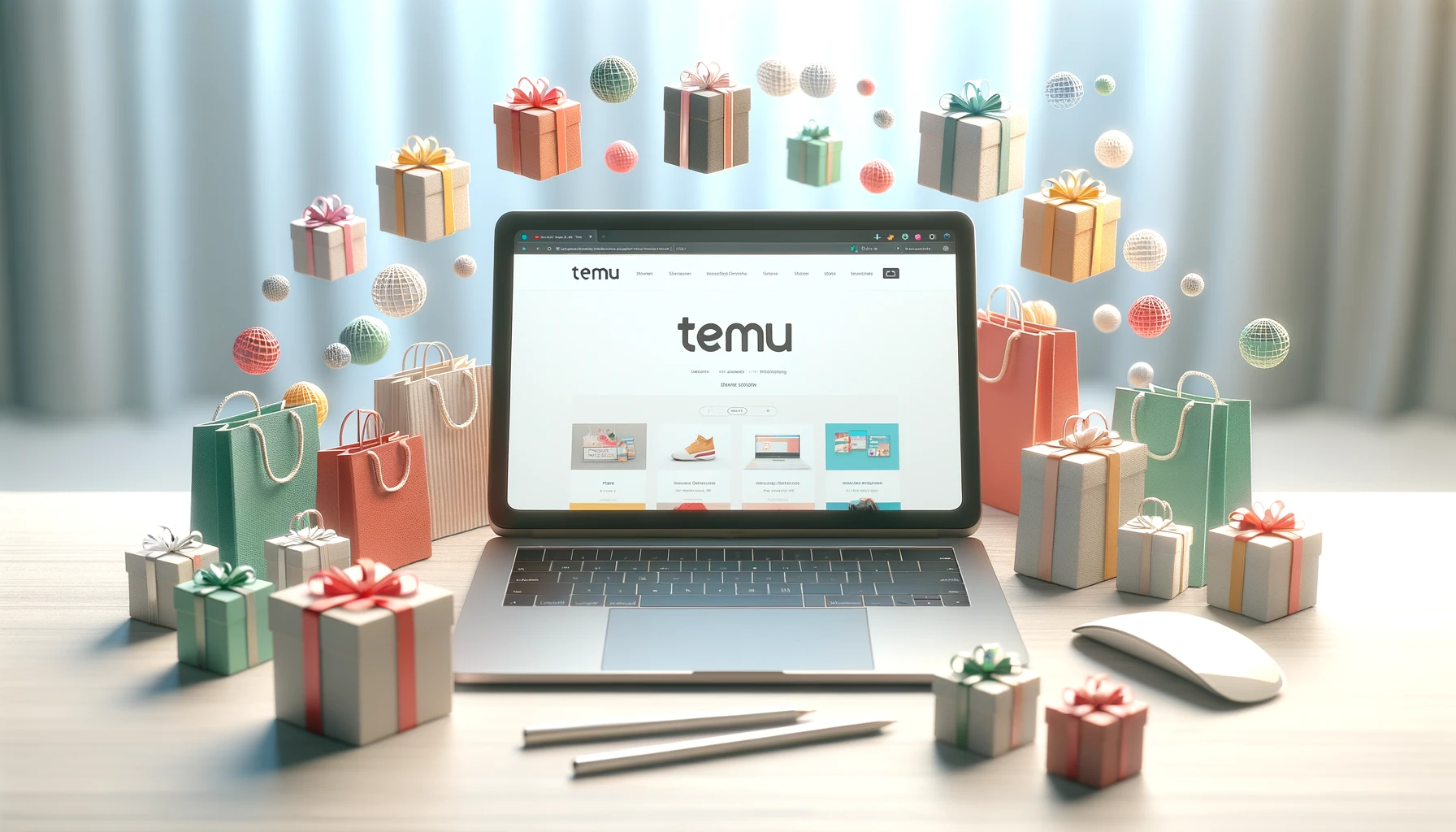 Laptop ekranında Temu web sitesi gösteren ve çevresinde renkli alışveriş çantaları bulunan masaüstü görünümü.