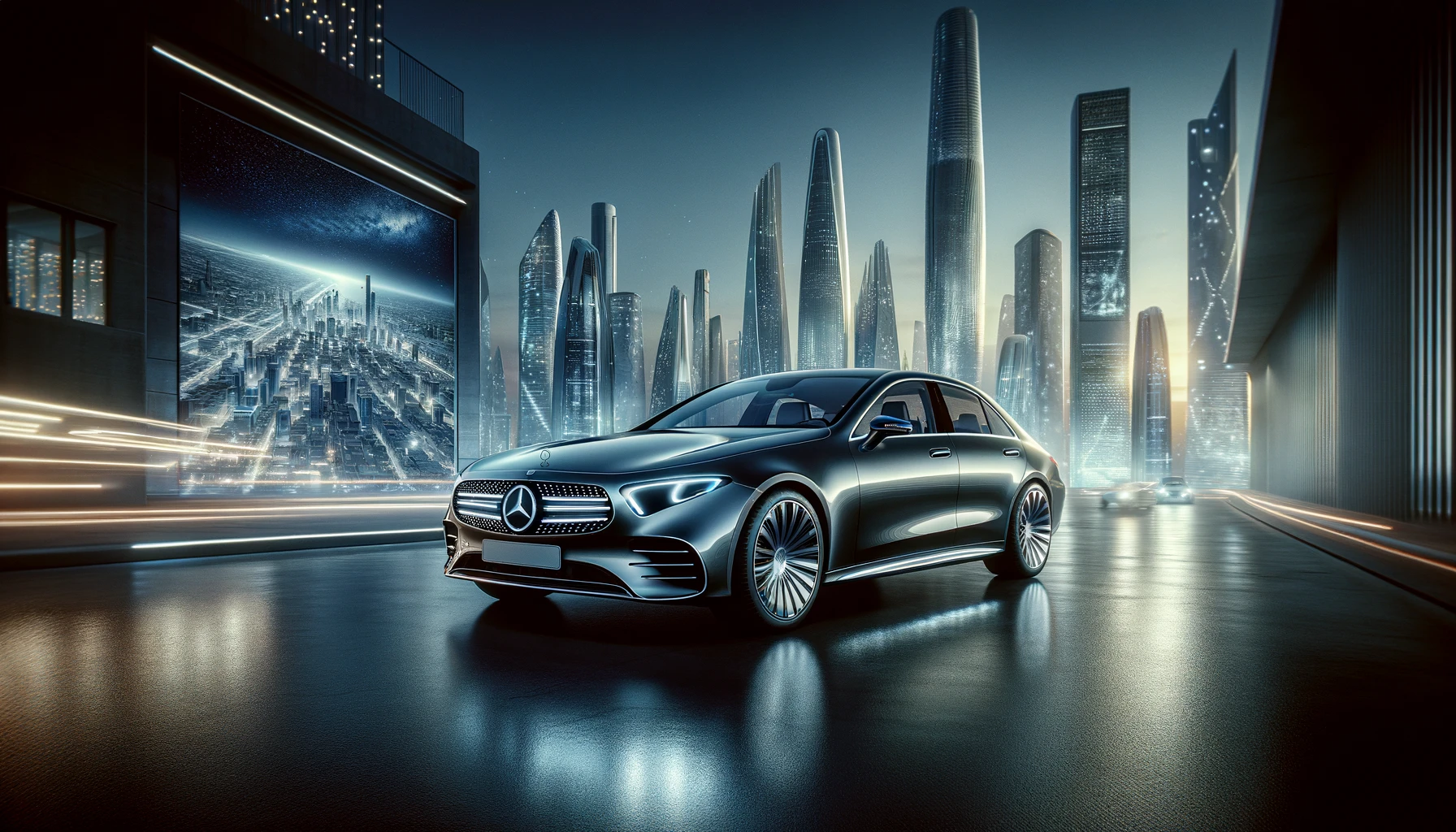 2024 model Mercedes Benz E Serisi, geleceğin şehir manzarasında.