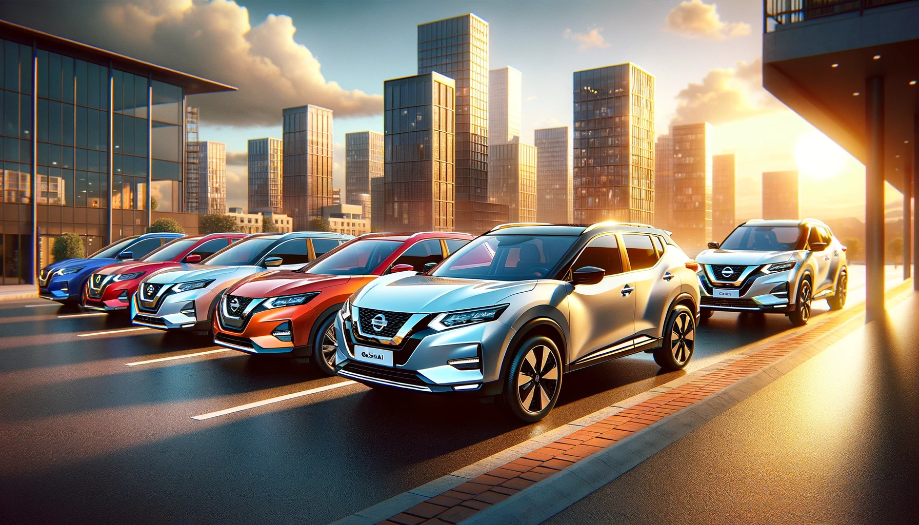 2024 Nissan modelleri şehir arka planında parlak bir dizilim sunuyor.