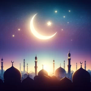Ramazan ayının başlangıcını simgeleyen cami silüetleri ve hilal.