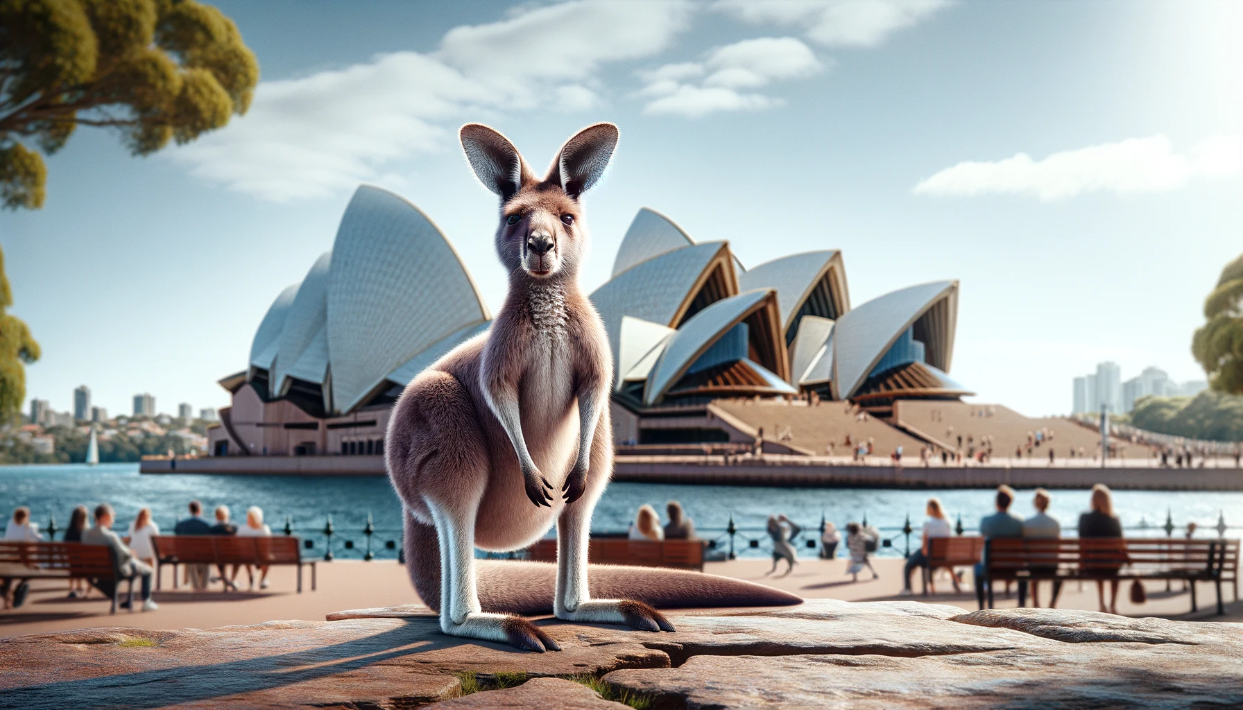 Avustralya'da bir kanguru ve Sidney Opera Evi