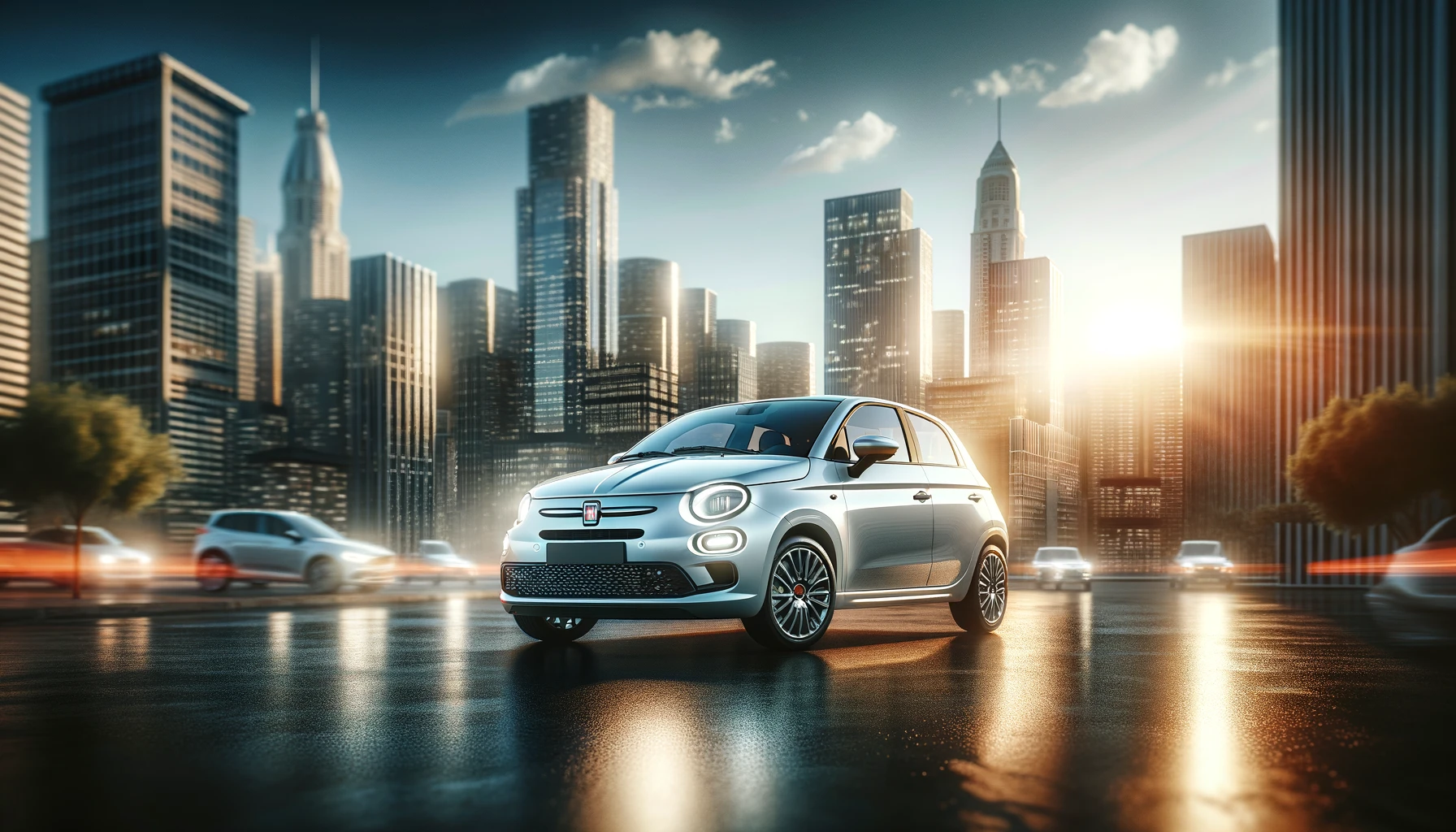 Şehir silüetinin önünde parlayan modern Fiat modeli.