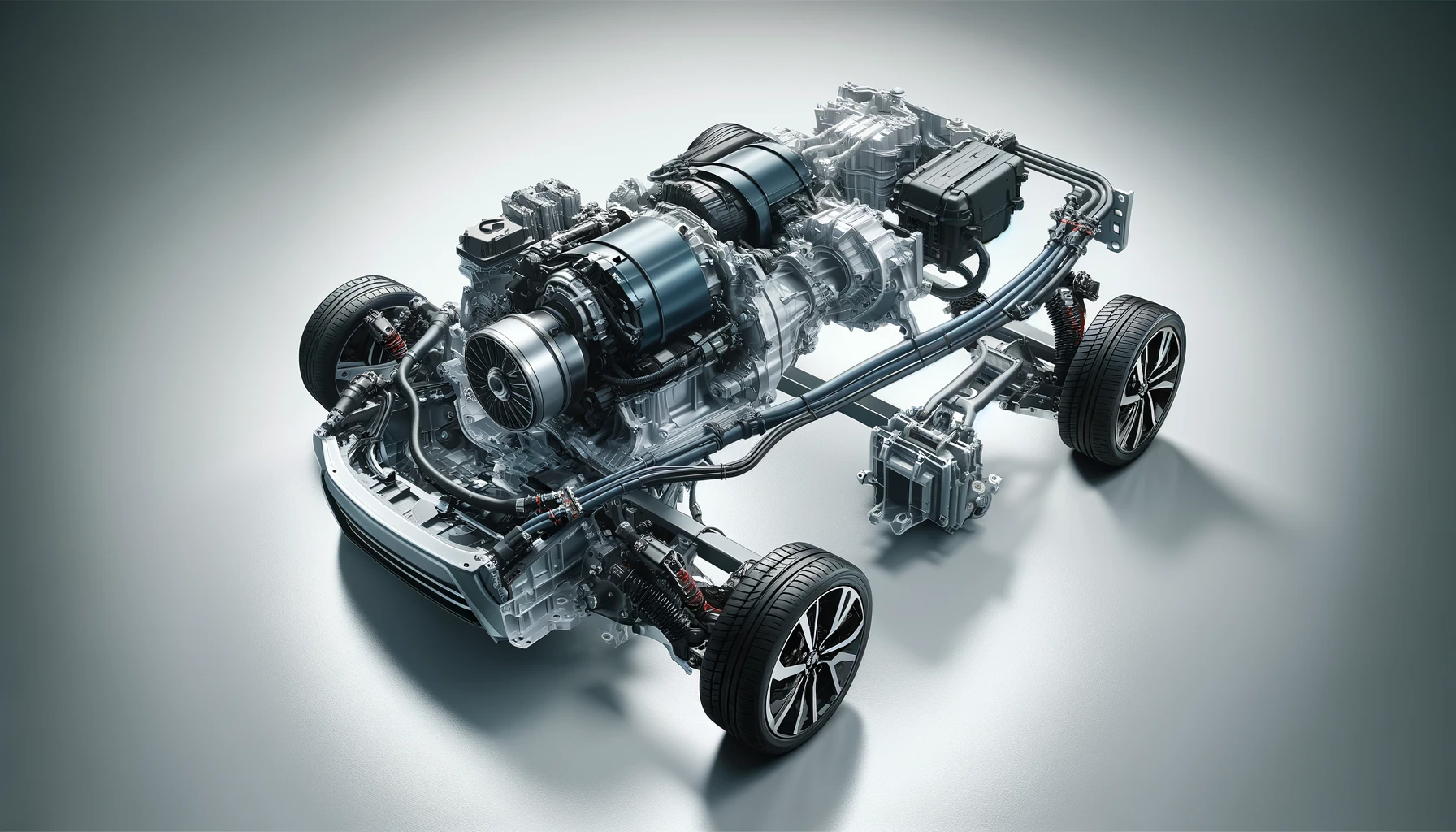 Hibrit otomobilin elektrik motoru ve içten yanmalı motorunu gösteren yakın çekim görüntü.