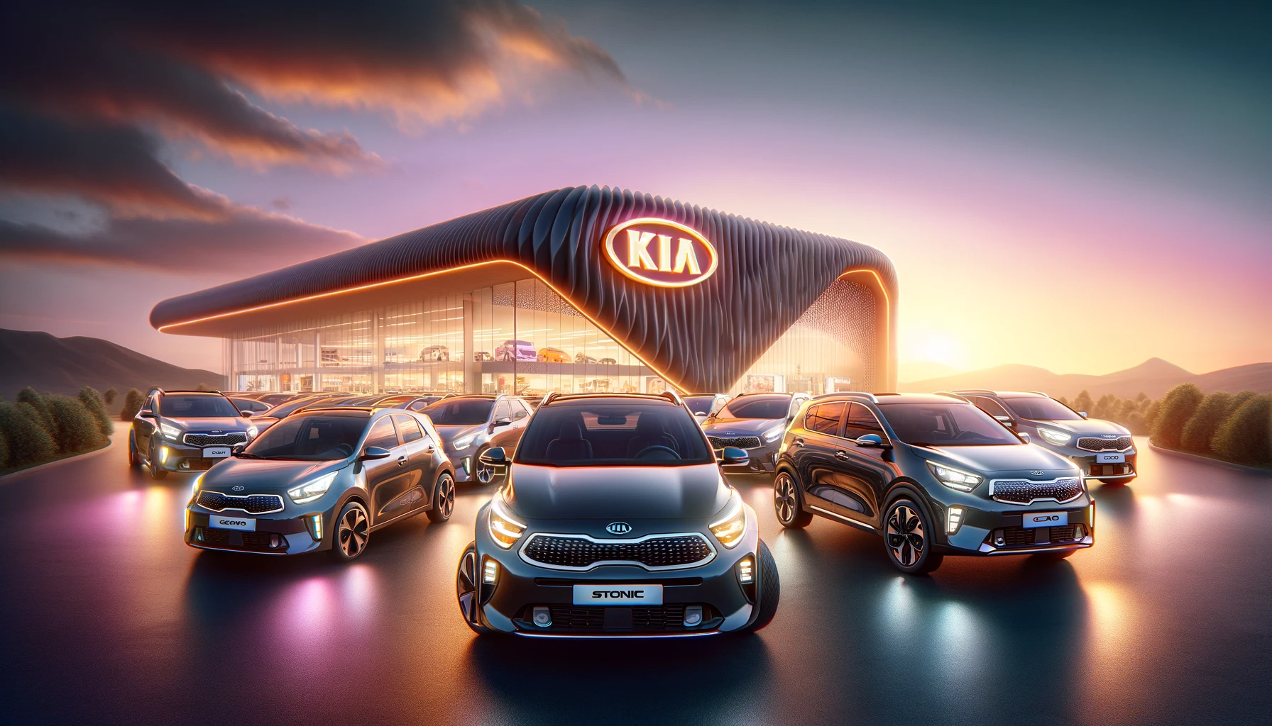 Kia'nın en yeni modelleri gün batımında bir arada.