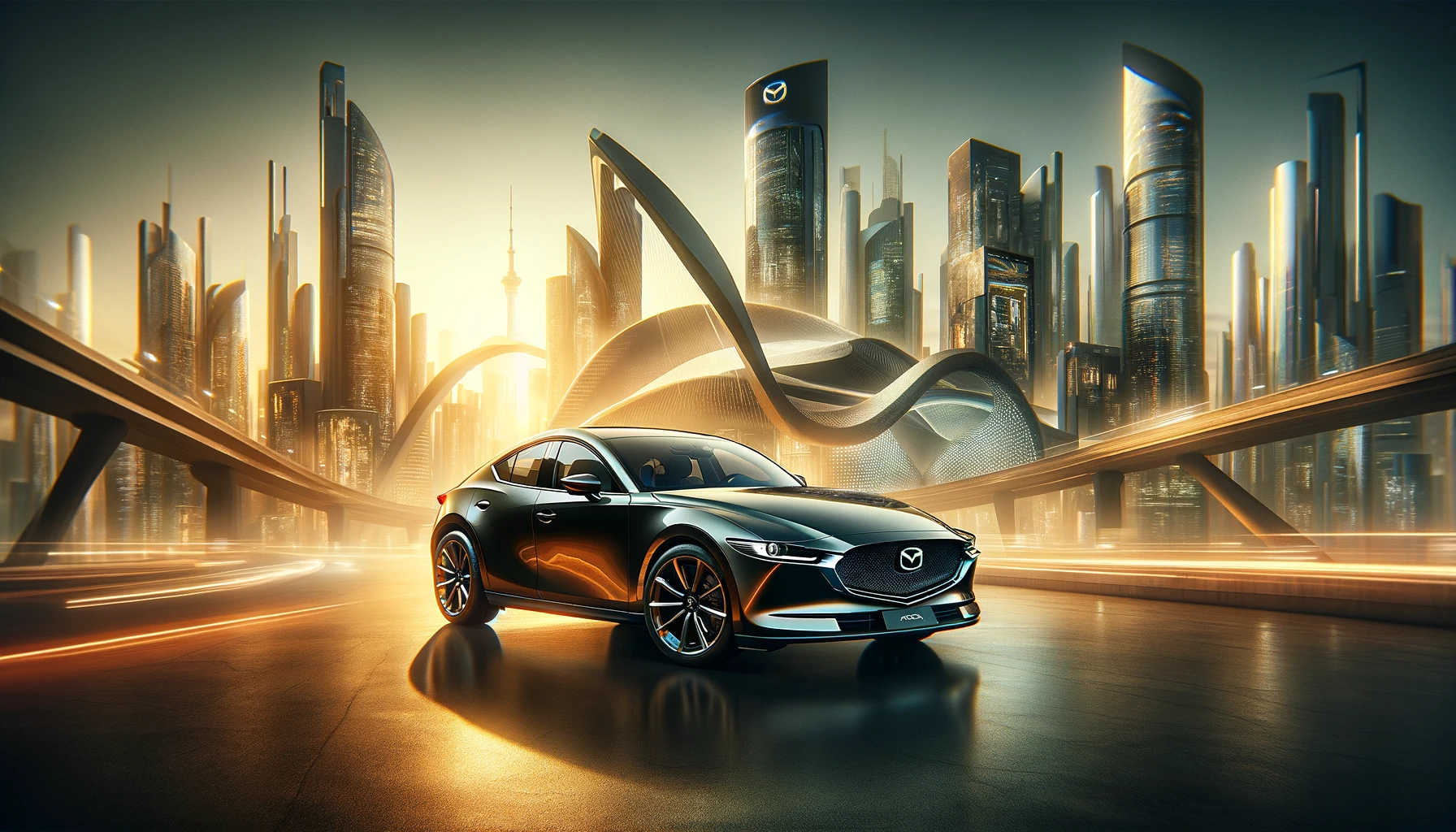 Mazda otomobil ve gelecekçi şehir manzarası
